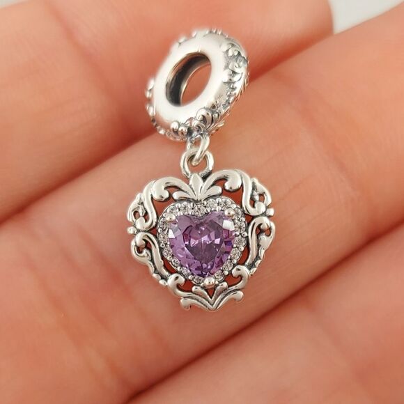 925 Sterling Silver Vintage Heart Dangle Charm - Picture 1 of 8